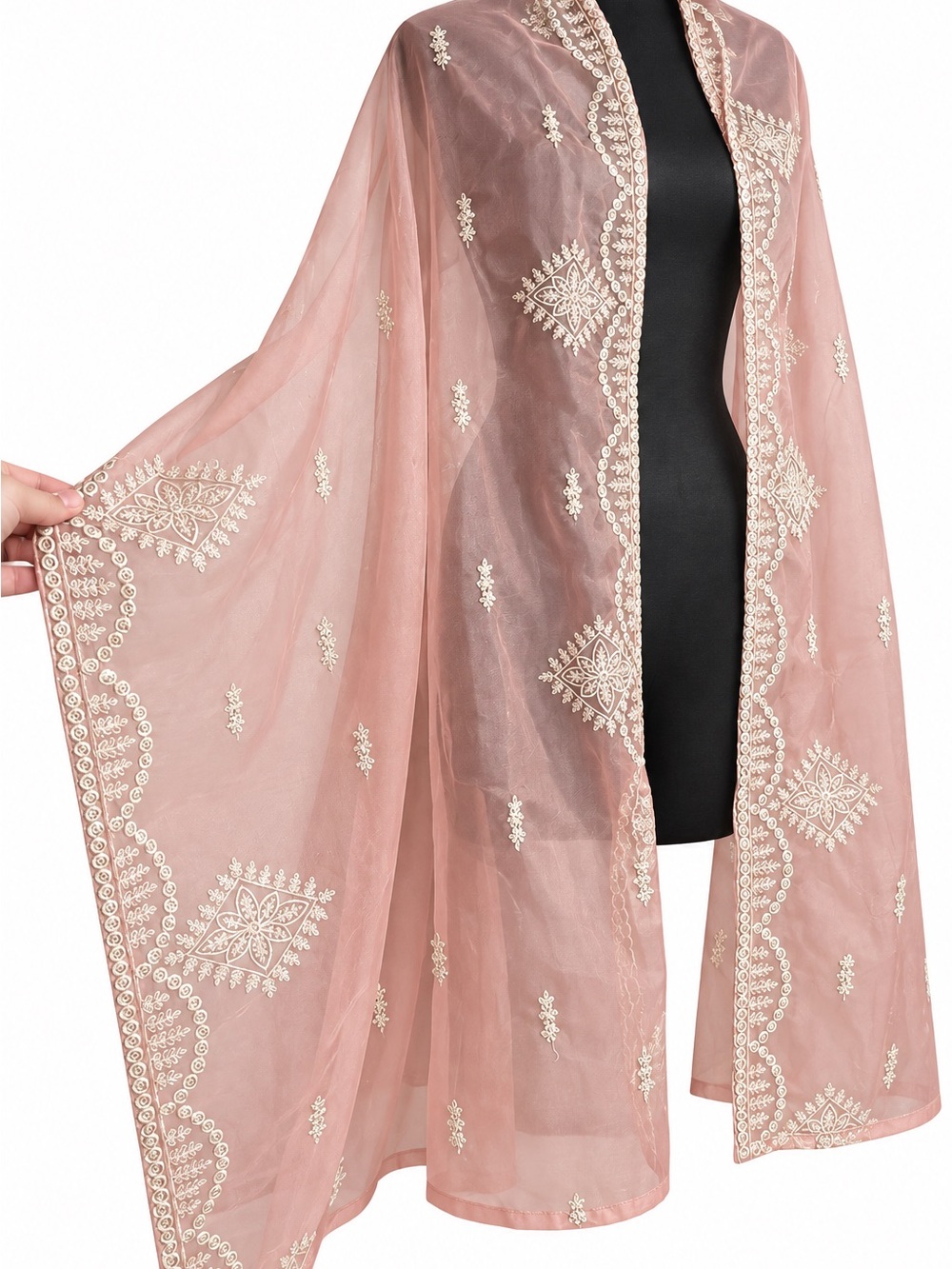 elegant pink embroidered organza sheer cape/shawl